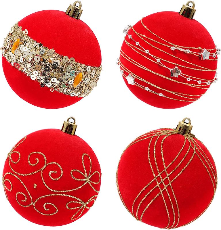 Photo 1 of 80mm/3.15in Christmas Balls Ornaments Set, Large Red and Gold Velvet Glitter Christmas Ornaments for Xmas Tree Decoration Shatterproof Hanging Ornaments for Wedding Party Home Indoor Decor 8 pcs