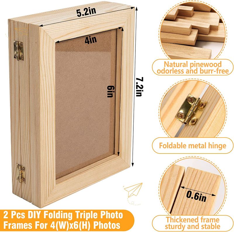 Photo 1 of 2 Pcs Triple Wooden Frames for DIY Crafts- Unfinished Folding Picture Frames Natural Pinewood Standing 4x6 inches Photos Craft Frames Set to Decorate for Adults and Kids
