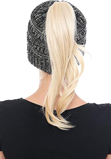 Photo 1 of BeanieTail Soft Stretch Cable Knit Messy High Bun Ponytail Beanie Hat