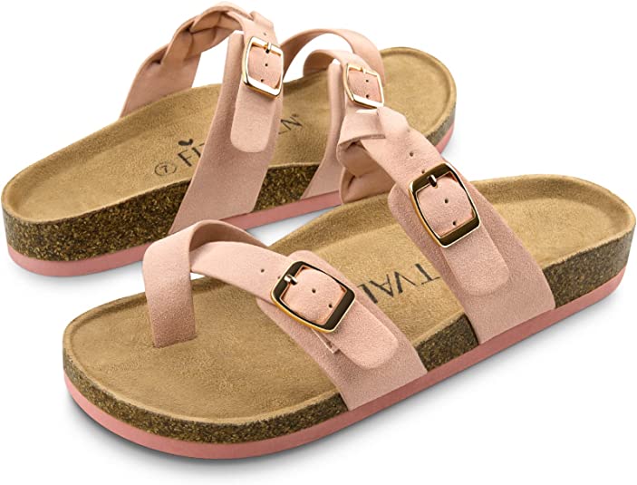 Photo 1 of Cork Footbed Women Sandals with Comfort Arch Support+ Double Adjustable Buckle, Toe-ring Slide Sandals for Summer Beach Shopping 10