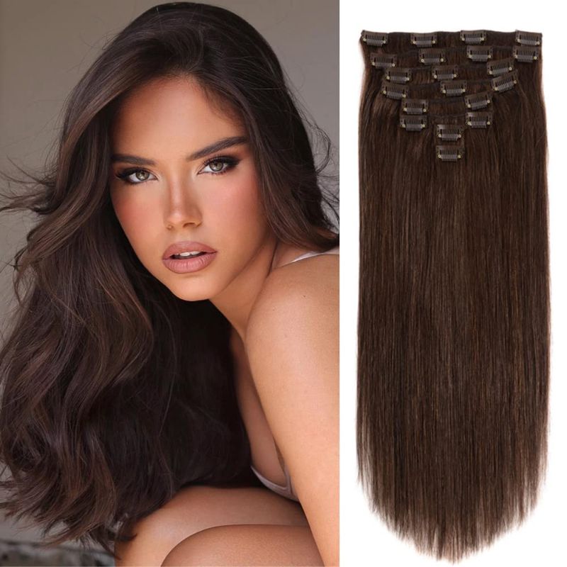Photo 1 of 24 Inch Clip in Human Hair Extensions 120G Dark Brown Color Straight Real Hair Extensions Clip in Human Hair Double Weft 8Pcs/Lot 20Clilps Thick Hair Extension for Women +++ COMES WITH EXTRA CLIPS+++