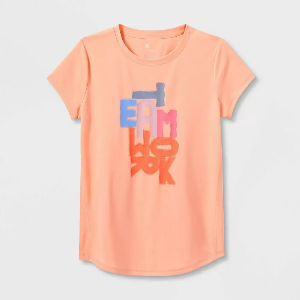 Photo 1 of Girls' Short Sleeve 'Teamwork' Graphic T-Shirt - All in Motion Peach Orange M