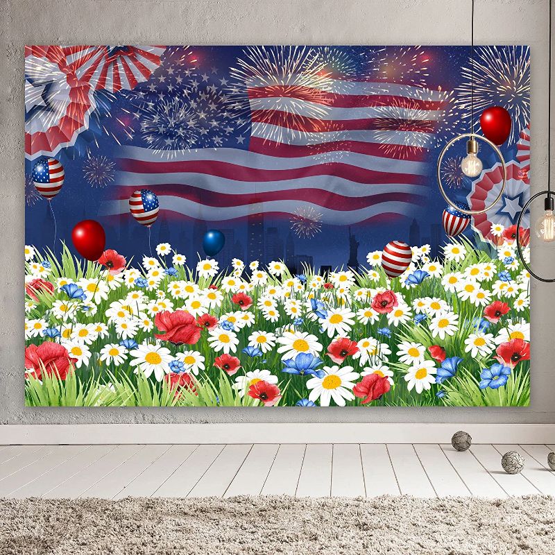 Photo 1 of 4th of July Backdrop,America Independence Day Backdrop Patriotic Decorations with Fireworks,Celebration Independence Day Background with American Flag ,for Veterans Memorial National Day Party 7x5ft
