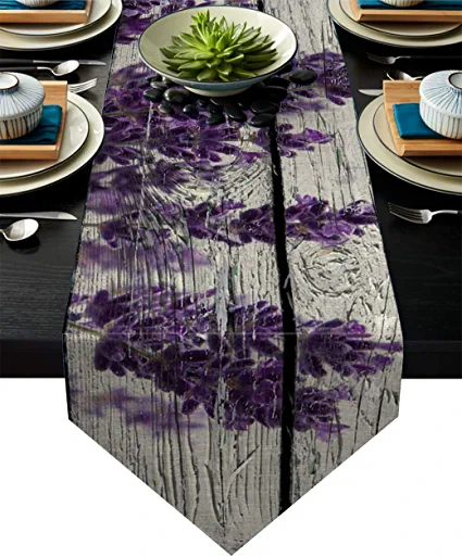 Photo 1 of BetterDay Cotton Linen Table Runner Vintage Lavender Flower 13x70 Inch Burlap Table Runners for Party Wedding Dining Farmhouse Outdoor Picnics Table Top Decor- Barn Wood