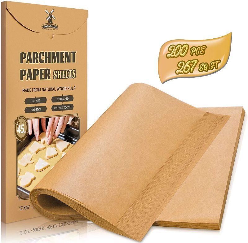 Photo 1 of 200 Pcs Unbleached Parchment Paper Baking Sheets, 12 x 16 Inch, Precut Non-Stick Parchment Sheets for Baking, Cooking, Grilling, Air Fryer and Steaming - Unbleached, Fit for Half Sheet Pans

