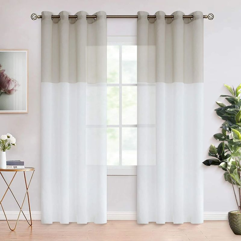 Photo 1 of BGment Sheer Curtains 84 inch Length 2 Panels Set, Grommet Faux Linen White Semi Sheer Drapes with Brown Color Block for Living Room Farmhouse, Set of 2 Panels, Each 52 x 84 Inch
