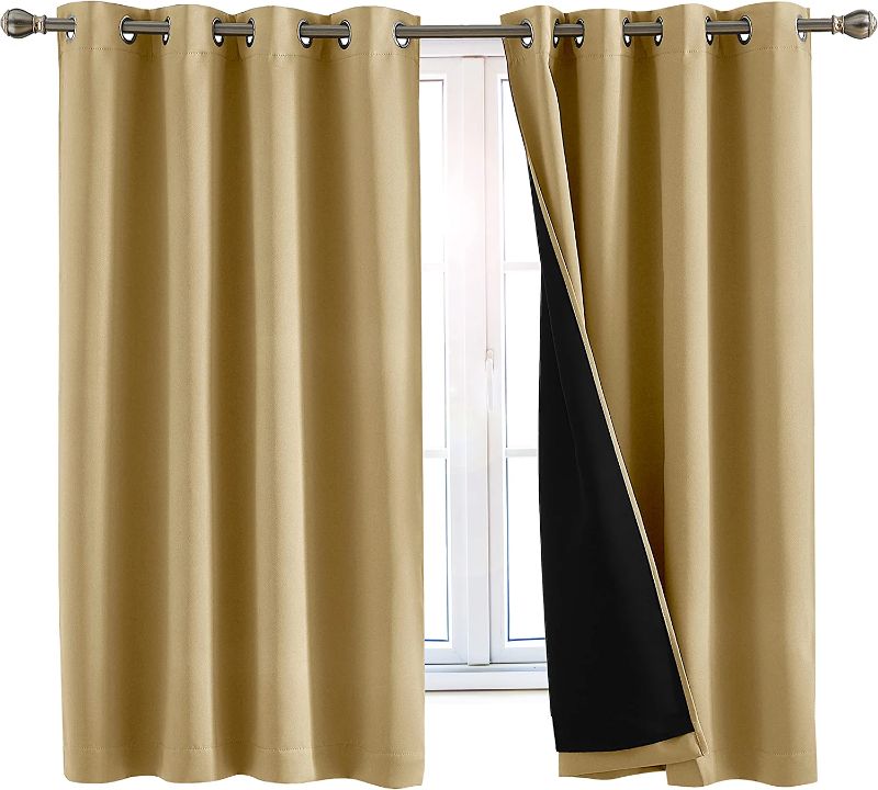 Photo 1 of 100% Blackout Window Curtains: Room Darkening Thermal Window Treatment with Light Blocking Black Liner for Bedroom, Nursery and Day Sleep - 2 Pack of Drapes, Sandstone (63” Drop x 52” Wide Each)
