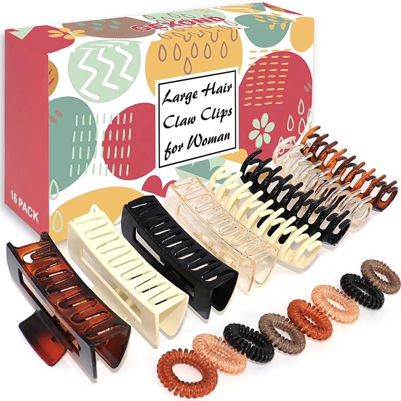Photo 1 of 16Pcs Claw Hair Clips for Women Girls, Extra Large Hair Claw Clips for Thick Hair - Big Claws for Hair with Hair Ties, Giant Thick Hair Clips for Long Hair (8 Hair Clamps + 8 Spiral Coil Hair Ties) (Multiple color)
