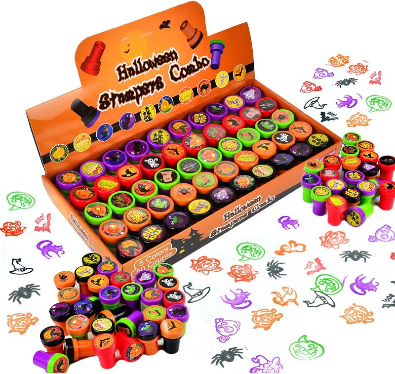 Photo 1 of 50 Pieces Halloween Assorted Stamps Kids Self-Ink Stamps (25 DIFFERENT Designs, Plastic Stamps, Trick Or Treat Stamps, Spooky Stamps) for Halloween Party Favors, Game Prizes, Halloween Goodies Bags
