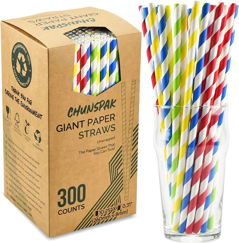 Photo 1 of 10 Inch Long Disposable Paper Drinking Straws - Colorful Stripes, 0.31" Diameter - Pack of 300
