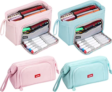 Photo 1 of 2 Pack Large Capacity Pencil Case Multifunctional Pencil Storage Pouch Canvas Pen Case Portable Stationery Bag Cosmetic Bag School College Office Organizer for Teen Girl Boy Men Women, Pink and Blue