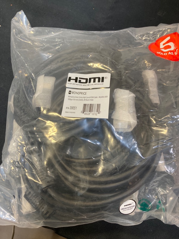 Photo 2 of Monoprice High Speed HDMI Cable - 8 Feet - Black (5-Pack) HDR, 18Gbps, 28AWG