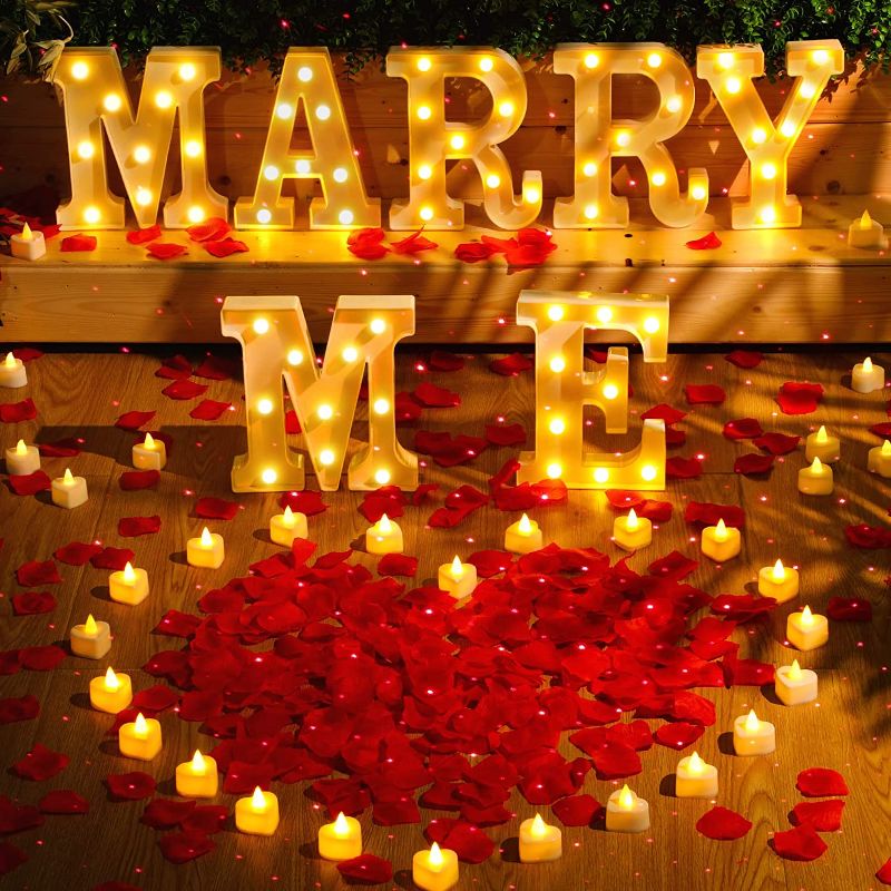 Photo 1 of Marry ME Light Up Letters Proposal Decorations Marry Me Sign I Love U Sign Rose Petals 24 Romantic Love Candles with USB Romantic Night Light for Proposal Engagement Wedding Party (Red, Marry Me)
