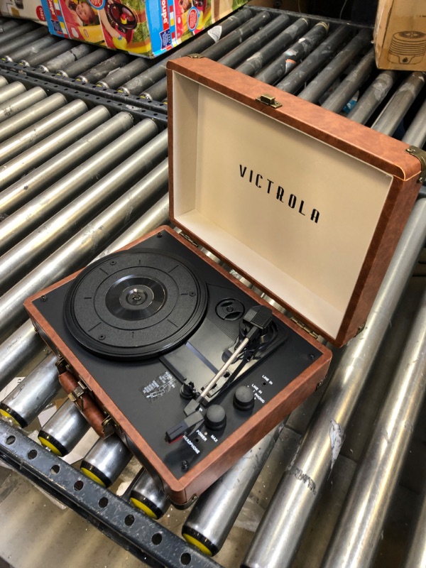 Photo 3 of Victrola Vintage 3-Speed Bluetooth Portable Suitcase Record Player with Built-in Speakers | Upgraded Turntable Audio Sound| Includes Extra Stylus | Brown