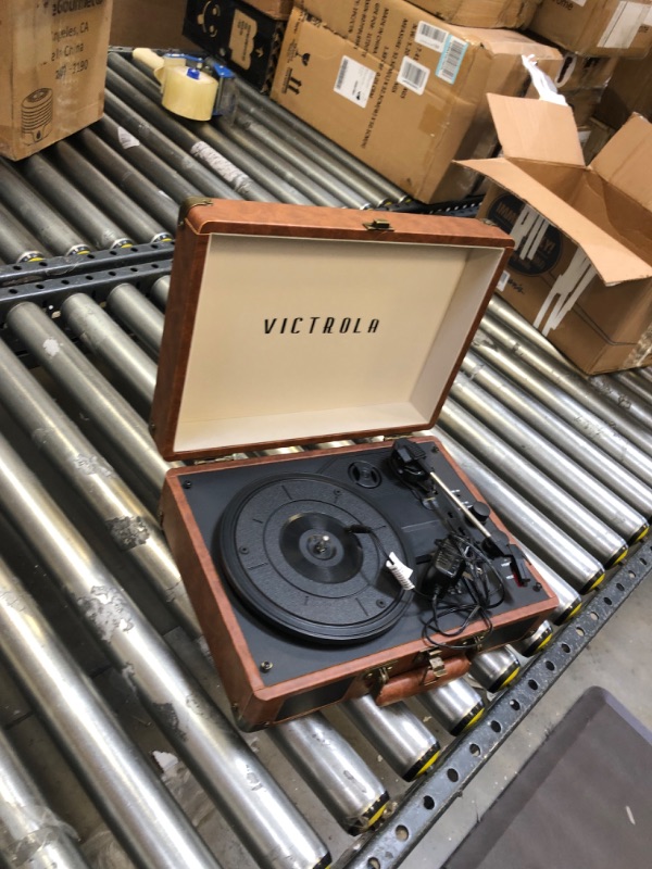 Photo 2 of Victrola Vintage 3-Speed Bluetooth Portable Suitcase Record Player with Built-in Speakers | Upgraded Turntable Audio Sound| Includes Extra Stylus | Brown