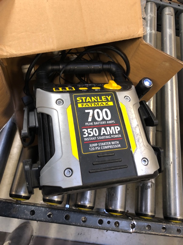 Photo 3 of STANLEY FATMAX J7CS Portable Power Station Jump Starter: 700 Peak/350 Instant Amps, 120 PSI Air Compressor, 3.1A USB Ports, Battery Clamps