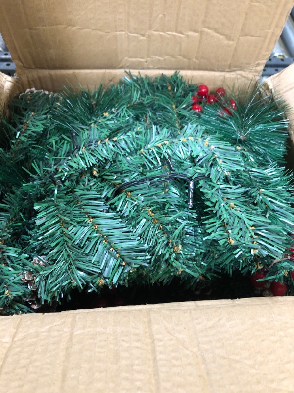 Photo 1 of [2 Pack+8 Modes] 9Ft 100 LED Prelit Christmas Garland Decorations with Colorful Lights Timer Battery Powered Thicker 300 Branches 198 Red Berries 18 Snowy Pine Cones Xmas Decor Home Indoor Outdoor