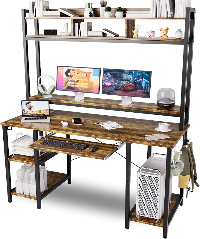 Photo 1 of Computer Desk with Keyboard Tray and Storage Shelves, 53 inch Width, 70 inch High, Home Office Work Gaming Desk with Bookshelves Hutch
