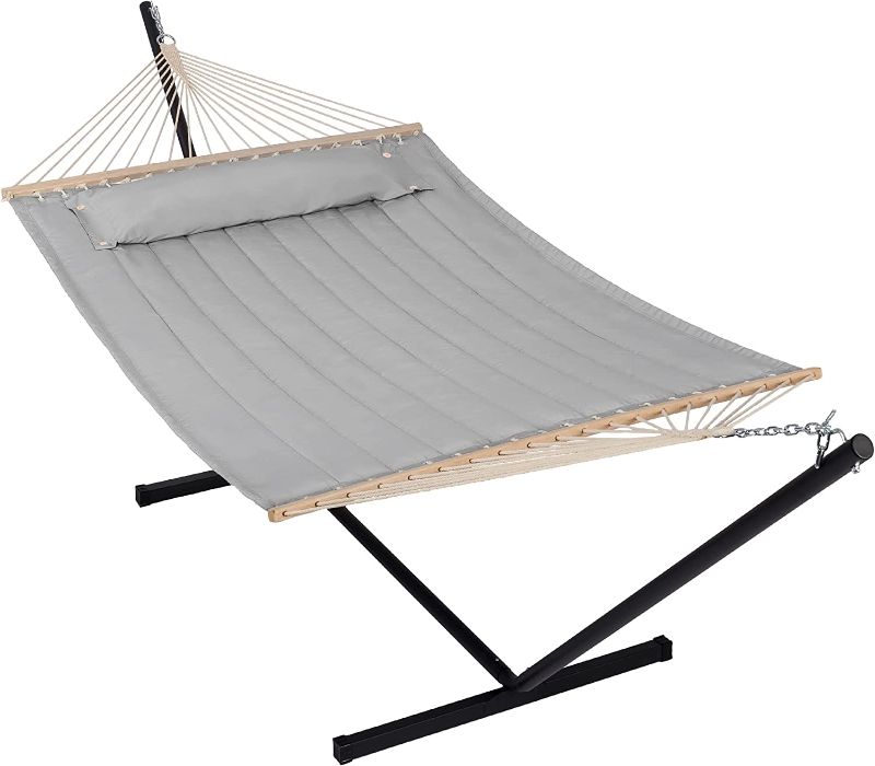 Photo 1 of ANOW Portable Hammock with 12FT Steel Stand Included, Heavy Duty Hammock with Stand for Outdoors Indoors, 450 LBS Weight Capacity, Light Gray
