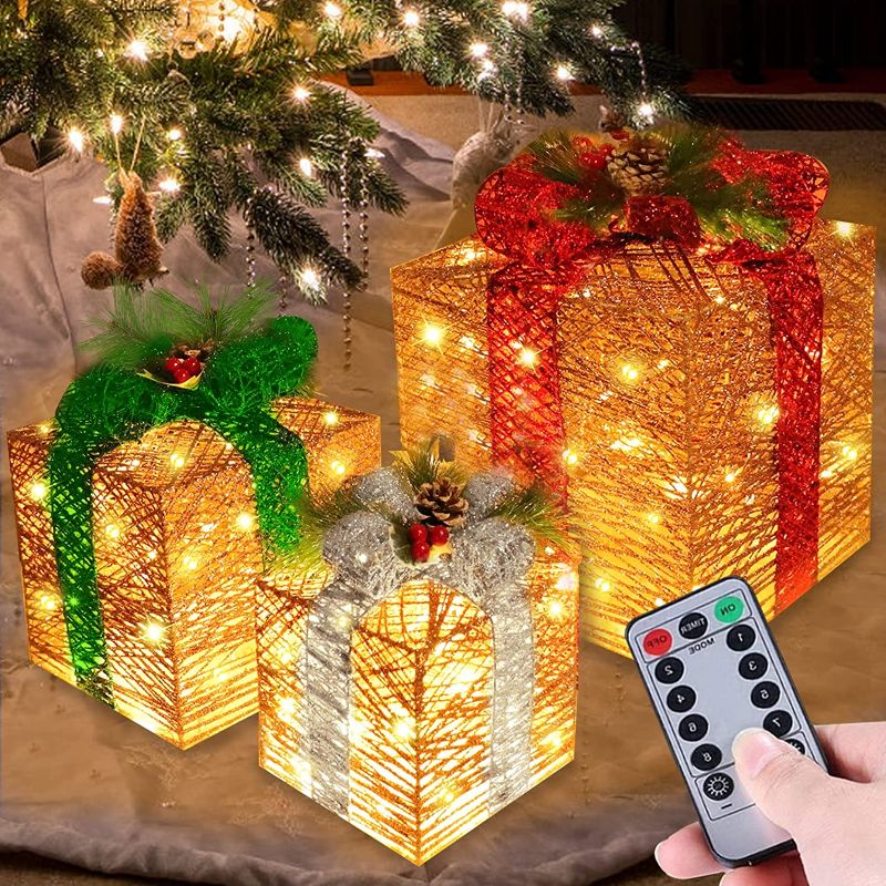 Photo 1 of [ Super Large 12"-10"-8" ] 3 Pack Christmas 60 LED Lighted Gift Boxes Decor Timer 8 Modes Remote Battery Operated Gold Glitter Boxes Decorations Outdoor Home Indoor Xmas Tree Yard
