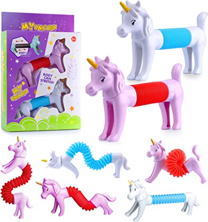Photo 1 of 2 Pack Pop Tube Sensory Toy, Unicorn Stress Relief Toy,Mini Unicorn Fidget Toys for Autistic Children, Flexible Toy Stretched with Pop Sound, Gift, Birthday Party Favors for Toddlers Girls Boys
