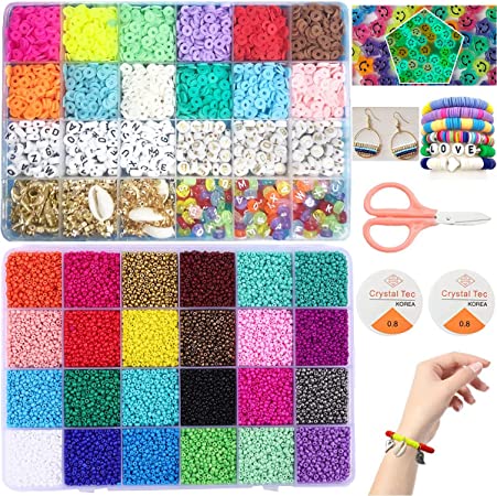 Photo 1 of YUESHUO 26,400pcs Beads for Jewelry Making Kit Include 24000pcs Glass Seed Beads & 2400pcs Heishi Flat Beads,Luminous Smiley Face Beads,Elastic Strings,Beading Supplies for Handmade DIY Gift Kit
