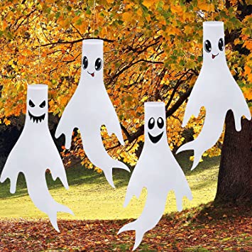 Photo 1 of 4 Pieces 43 Inch Halloween Ghost Windsocks Halloween Hanging Ghost Flag Halloween Ghost Decoration with Hanging Clips for Indoor Outdoor Yard Garden Patio Pathway Party Supplies
