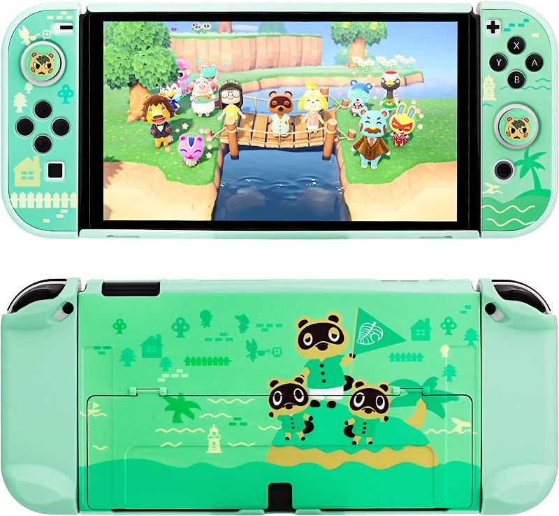 Photo 1 of GLDRAM Cute Case Compatible with Nintendo Switch OLED Cover, Green Protective Case for Switch OLED Console and Joy Con Controller, Hard PC Shell with 2 Thumb Grip Caps - for Animal Crossing Island
