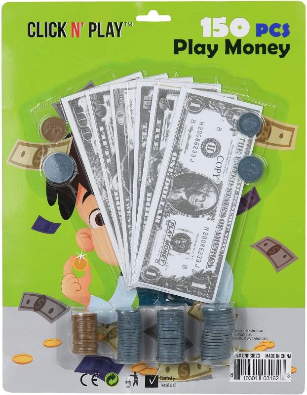 Photo 1 of Click N' Play Pretend Play Copy Money for Kids, Realistic Bills & Coins Counting, Math, Currency Set of 150-Pieces
