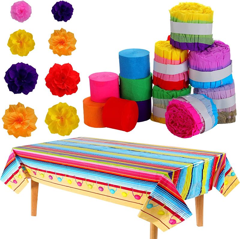 Photo 1 of 22 Pcs Mexican Fiesta Party Decorations Fiesta Tablecloth Party Table Cover, Mexican Fiesta Streamer Backdrop with Crepe Paper Flowers Cinco De Mayo Decorations Supplies Set for Taco Night Birthday
