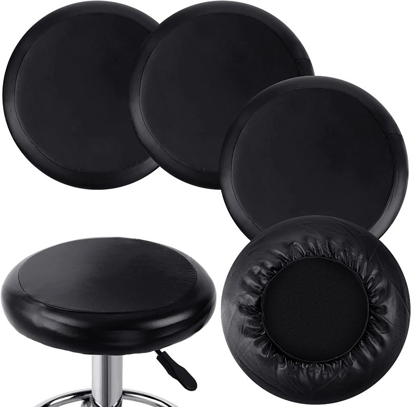 Photo 1 of 4 Pack Round Bar Stool Cover Pu Leather Bar Seat Cover 10.5 Inch Stool Cushion Cover Round Bar Stool Covers with Elastic Band Waterproof Barstool Chair Slipcovers Anti Slip Stool Slipcover, Black
