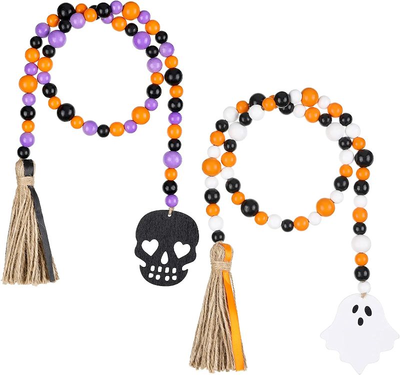 Photo 1 of 2 Pieces Halloween Wooden Bead Garland Wreath with Tassel Wood Bead Garland with Ghost and Skull Black Orange Farmhouse Bead Garland Halloween Beads Garland for Halloween Shelf Tiered Tray Wall Decor
