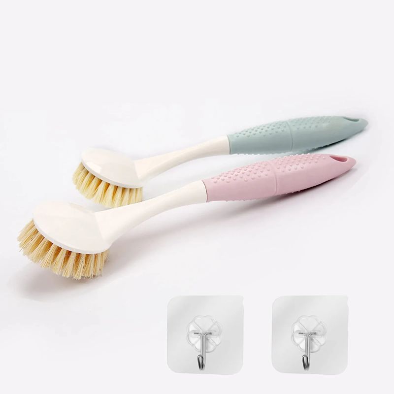 Photo 1 of 2 Pack Kitchen Scrub Brush Dish Brush with Handle + 2 Pack Hooks for Hanging, Washing Brush Scrubber Dishwashing and Cleaning Brushes Anti-Melting Odourless Bristles for Pots, Pans, Sink
