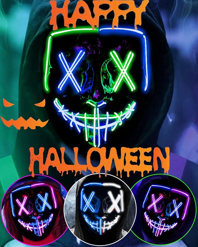 Photo 1 of Halloween Purge Mask, Led Light Up Mask, Scary Mask Cosplay Led Costume Mask for Kids, Boys/Girls, Adults with EL Wire Light up for Halloween, Festival Party, Masquerade, Carnival
