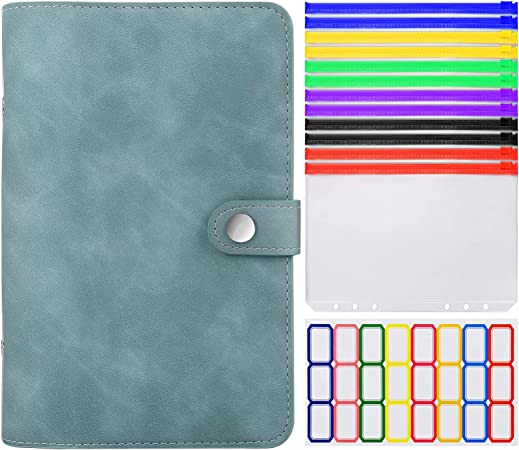 Photo 1 of A6 Notebook Budget Binder, PU Leather Money Organizer with 12 PCS Colored Clear Plastic Zippered Cash Envelopes Pockets and Self-Adhesive Label, Budget Envelope, Blue
