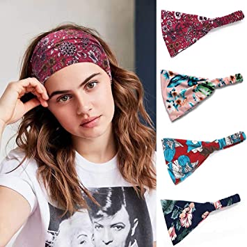 Photo 1 of Bohend 10 Pack Boho Headbands Wide Flower Hair Band Boho Bandeau Stretchy Athletic Daily Use Hair Accessories for Women and Girls (F)
