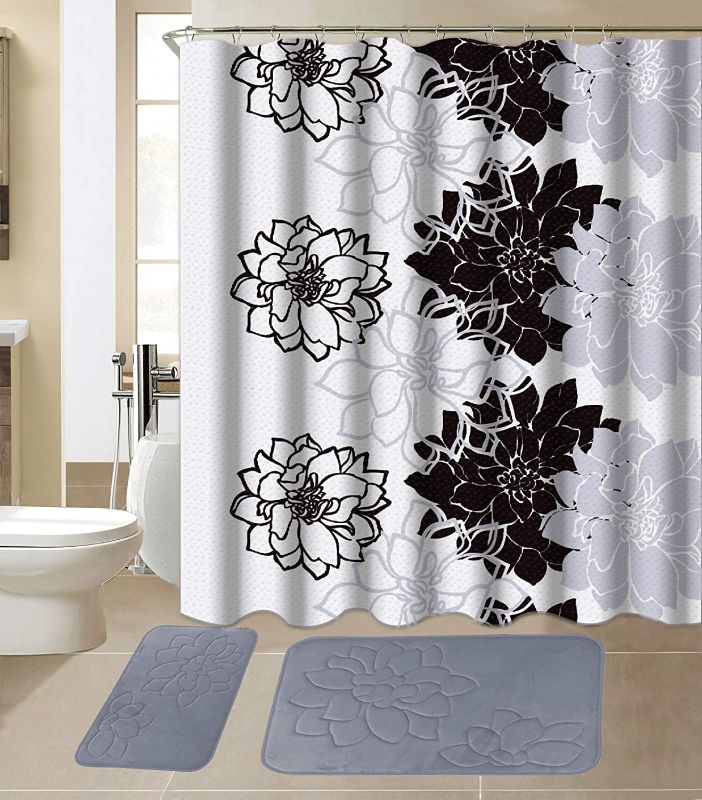 Photo 1 of All American Collection 15-Piece Bathroom Set with 2 Memory Foam Bath Mats and Matching Shower Curtain | Designer Patterns and Colors (Flower Grey)
