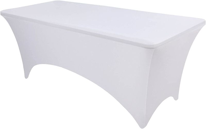 Photo 1 of 
OutdoorLines Fitted Tablecloth White Table Clothes for 6 Foot Rectangle Table - Elastic Spandex Massage Bed Table Cover, Stretch Wrinkle Free Table Covers for Party, Wedding, Birthday, Banquet, Vendor
