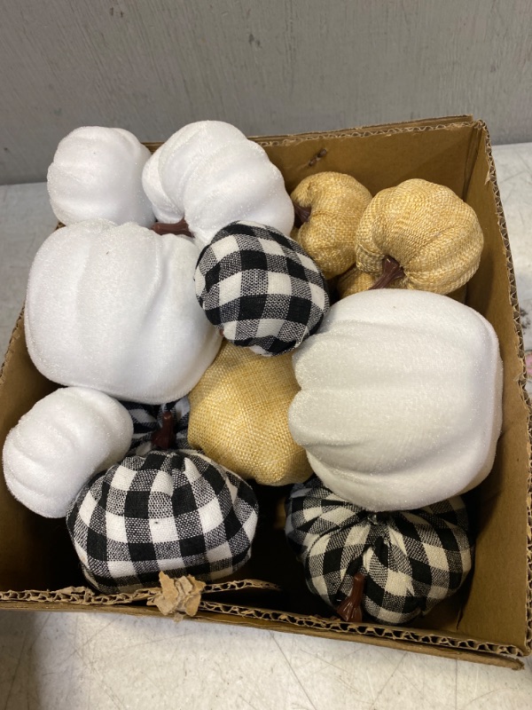 Photo 2 of 16 Pcs Artificial Pumpkins Assorted Fall Pumpkins White Pumpkins Burlap Pumpkins Rustic Pumpkins for Fall Harvest Thanksgiving Halloween Fireplace Decorations
