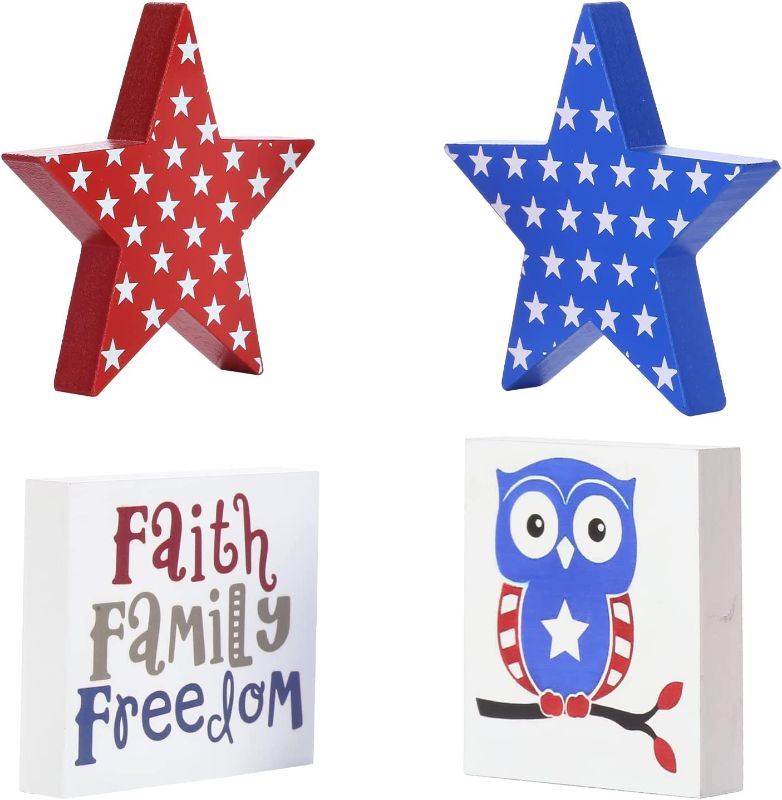 Photo 1 of 4 Pieces 4th of July Table Decoration,Patriotic Wood Star Box Sign Independence Memorial Day Fourth of July Tiered Tray Decor Ornaments for Home Party Dinner Coffee Topper House School Classroom
