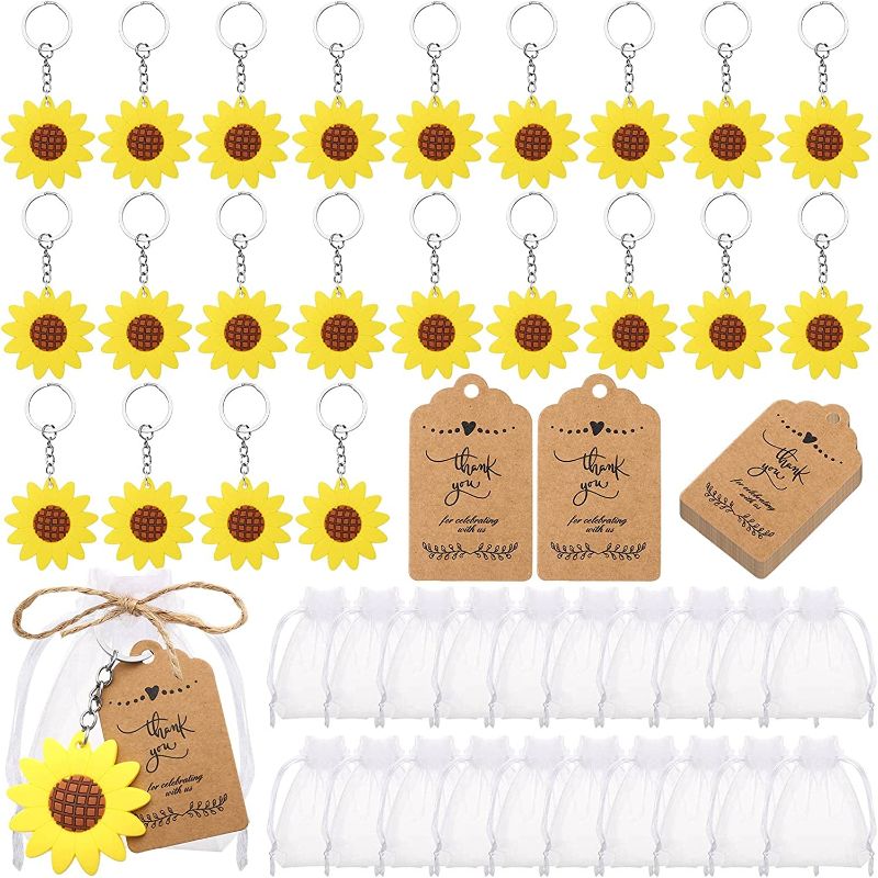 Photo 1 of 180 Pieces Sunflower Keychains Organza Bags Thank You Kraft Tags and 98 Feet Rope for Baby Shower Birthday Wedding Sunflower Theme Party Supplies
