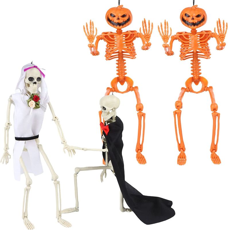 Photo 1 of 4 Pieces Halloween Movable Skeleton Pumpkin Head Skeleton 16 Inches Full Body Posable Halloween Skeleton Halloween Full-body Skeleton with Bride and Groom Accessories for Halloween Decoration
