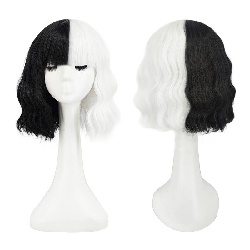 Photo 1 of Mildiso Cruella Wig Black and White Wigs for Cruella Costume Women Short Curly Wavy Hair Wig with Bangs for Party Halloween M107BW
