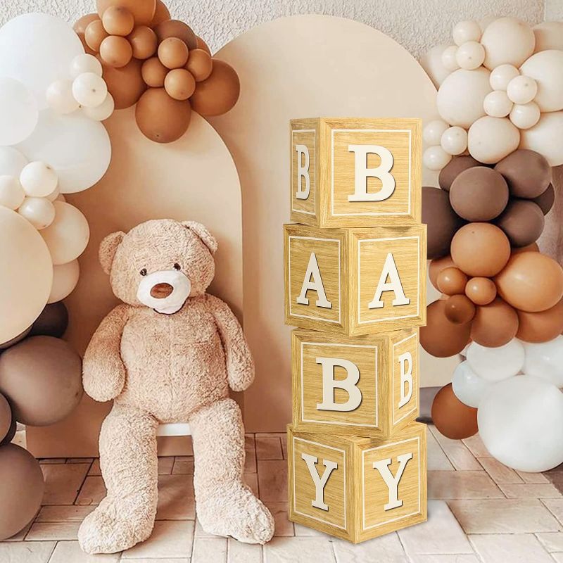 Photo 1 of Baby Shower Boxes for Birthday Party Decorations - 4 Wood Grain Blocks with BABY Letter, Printed Letters, Birthday Paper Balloon Boxes, Teddy Bear Baby Shower Supplies, Gender Reveal Backdrop
