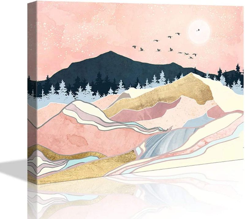Photo 1 of Bathroom Decor Room Pink Moon Geometric Mountain Canvas Wall Decor for Home Artwork Painting 12" x 16"Canvas Print for Bedroom Decor Modern Salon Kitchen Office Hang a Picture
