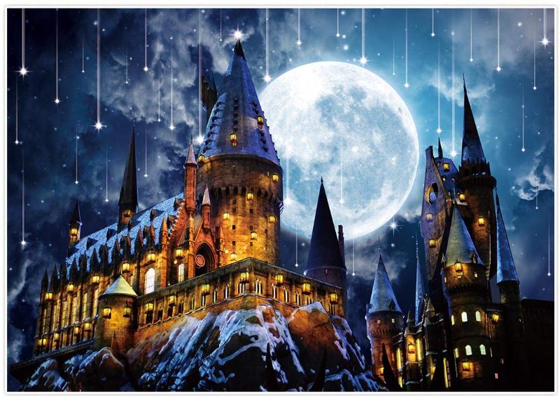 Photo 1 of Allenjoy 7x5ft Magic Castle Wizard School Backdrop Photography Night Full Moon Background Kids Birthday Halloween Party Decoration Supplies Cake Table Banner Photo Booth Props