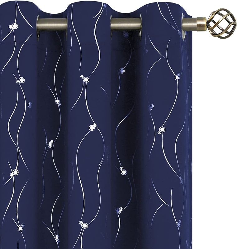 Photo 1 of BGment Blackout Curtains 84 Inch Length 2 Panels Set Grommet Thermal Insulated Room Darkening Window Curtains with Wave Line and Dots Printed for Bedroom, 42 x 84 Inch, Navy Blue
