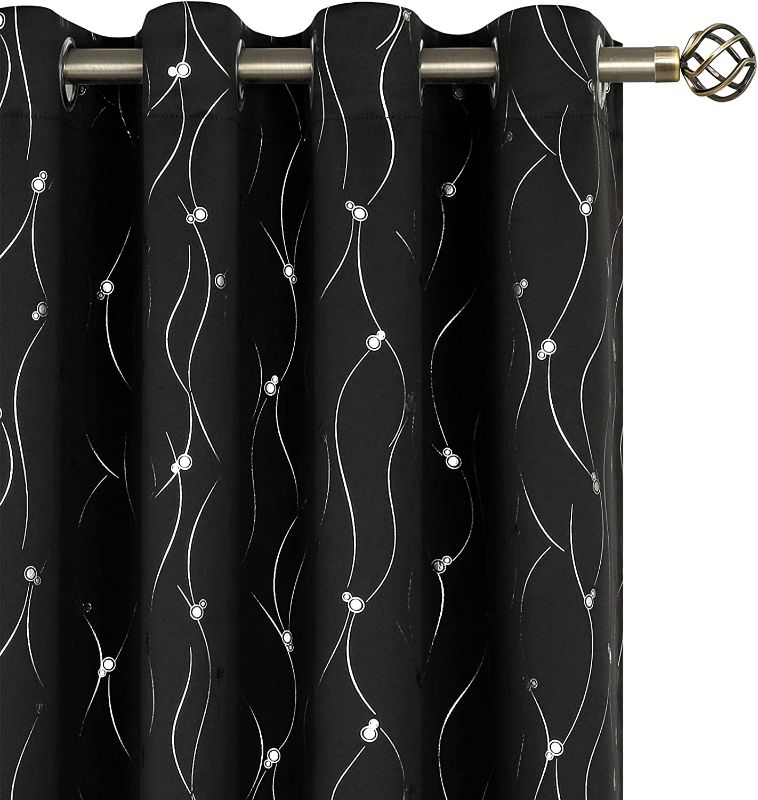 Photo 1 of BGment Black Blackout Curtains 63 Inch Length 2 Panels Set Grommet Thermal Insulated Room Darkening Window Curtains with Wave Line and Dots Printed for Bedroom, 52 x 63 Inch, Black
