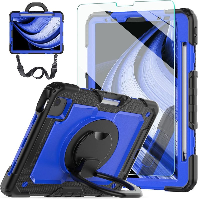 Photo 1 of iPad Air 5th/4th Case with Tempered Glass Screen Protector, Ambison Full Body Protective iPad Air 10.9 Case 2022/2020, 360° Rotatable Kickstand & Handle/Adjustable Shoulder Strap, Blue & Black