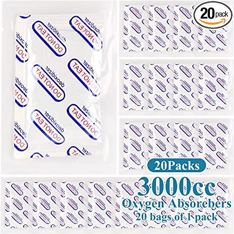 Photo 1 of 20 Count Individually Wrapped Oxygen Absorbers 3000cc for Food Storage & Mylar Bags & Manson Jars,O2 Absorbers Food Grade for Species Coffee Beans Candy Homemade Jerky